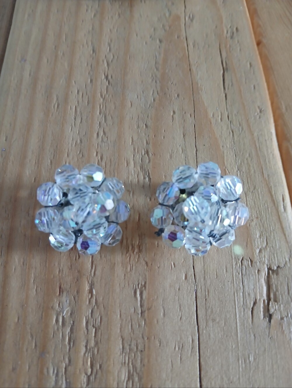 Vintage 1950-1960 Crystal Cluster Stud Earrings - Iridescent Clear